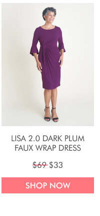 LISA 2.0 DARK PLUM FAUX WRAP DRESS $69 $33 SHOP NOW