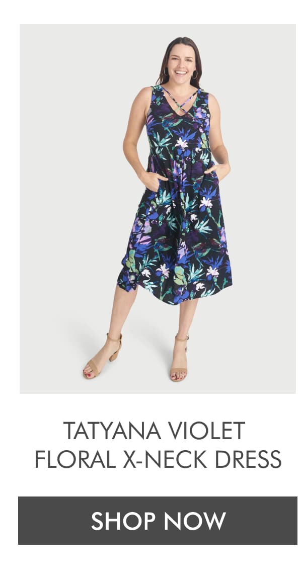 TATYANA VIOLET FLORAL X-NECK DRESS