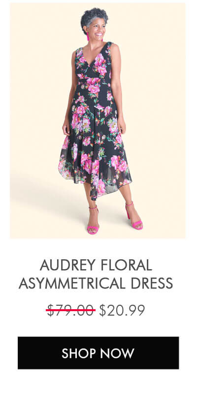 AUDREY FLORAL SURPLICE ASYMMETRICAL MIDI DRESS SHOP NOW