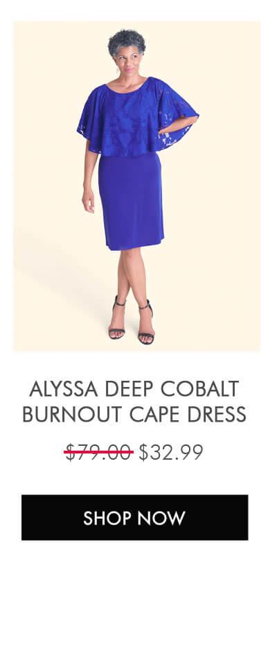 ALYSSA DEEP COBALT CHIFFON BURNOUT CAPE DRESS $32.99 SHOP NOW
