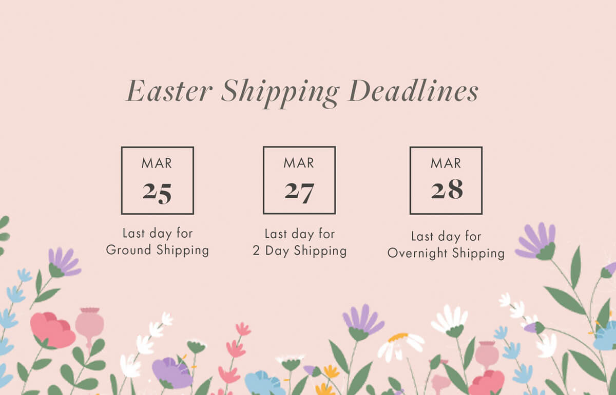 Easter Shipping Deadlines MAR 52 MAR 7 MAR 8 Last day for Ground Shipping Last day for 2 Day Shiping Last day for Overnight Shipping