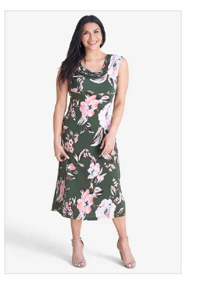 TONYA OLIVE FLORAL COWL NECK MIDI DRESS