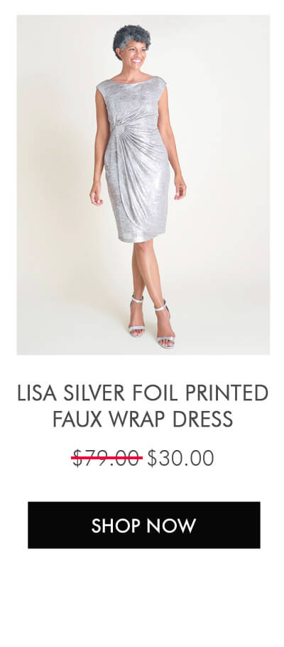 LISA SILVER FOIL PRINTED FAUX WRAP DRESS SHOP NOW