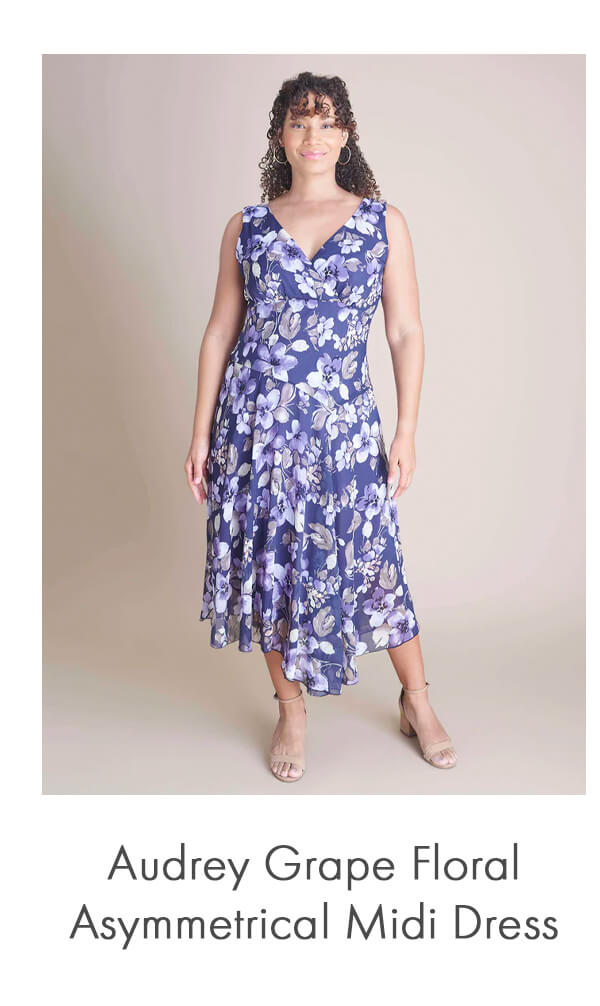 AUDREY GRAPE FLORAL ASYMMETRICAL MIDI DRESS