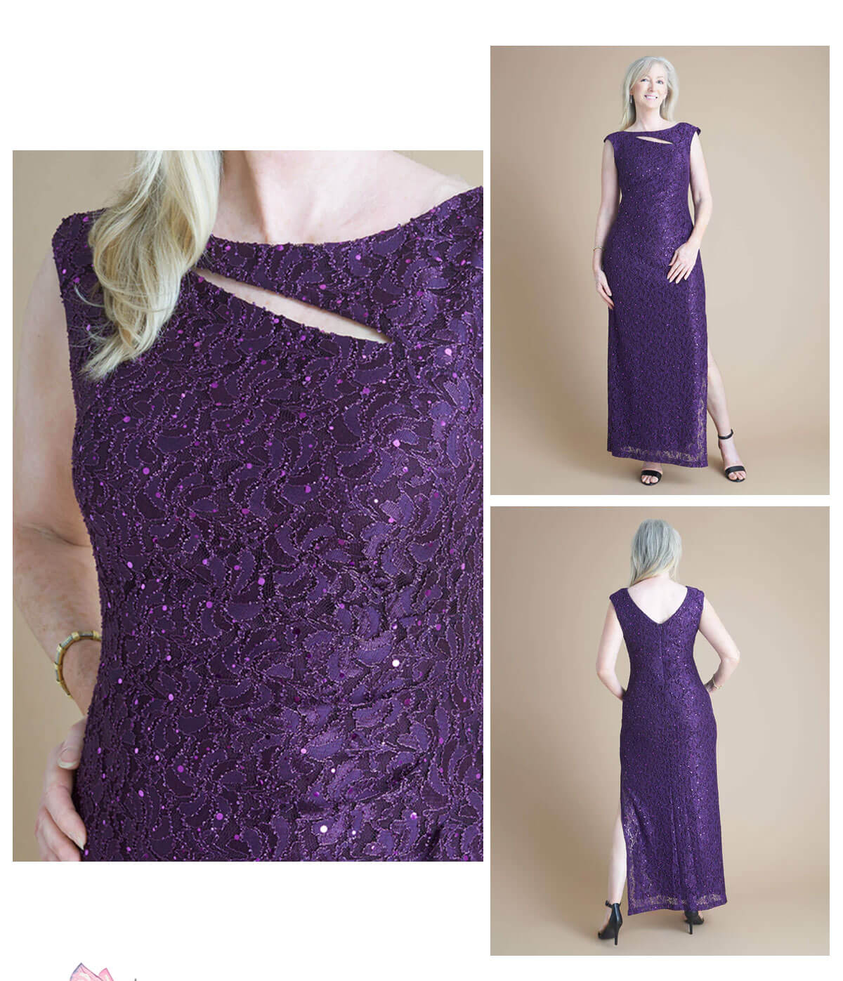 ELIZABETH EGGPLANT SEQUIN LACE FLOOR LENGTH DRESS
