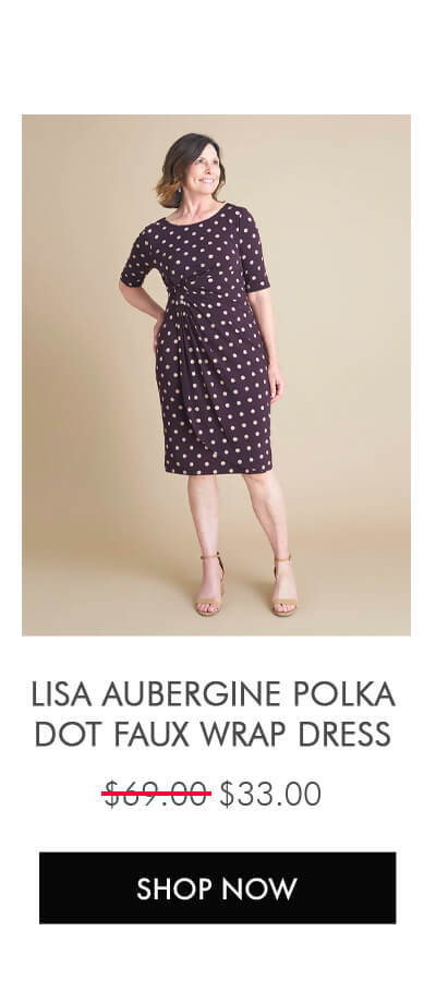 LISA AUBERGINE POLKA DOT FAUX WRAP DRESS SHOP NOW