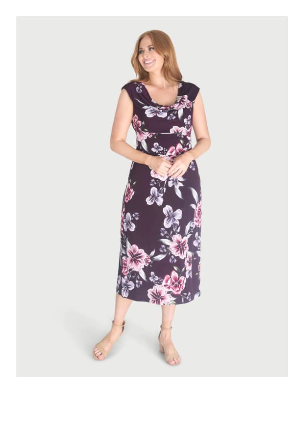Tonya Plum Floral Cowl Neck Midi Dress