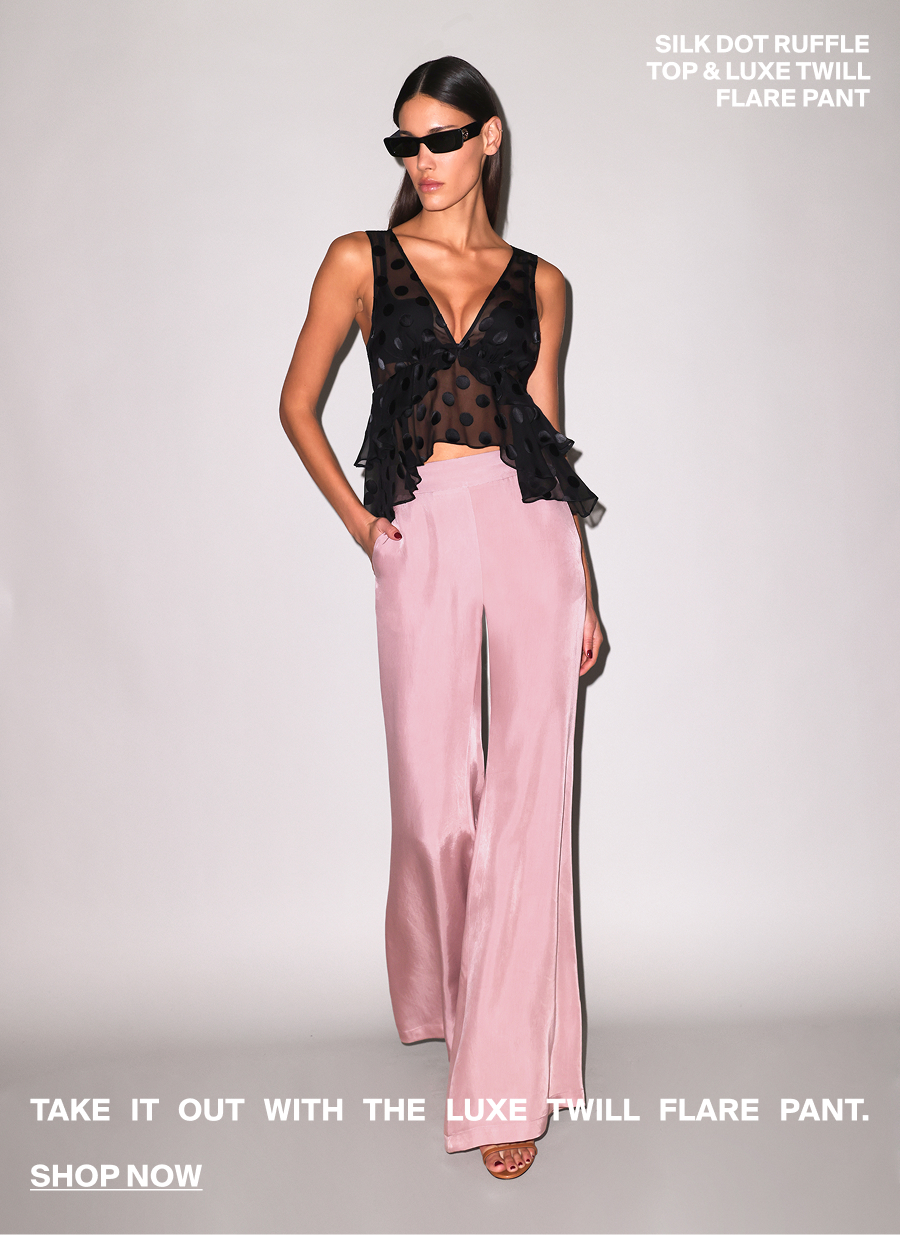Silk Dot Ruffle Top & Luxe Twill Flare Pant