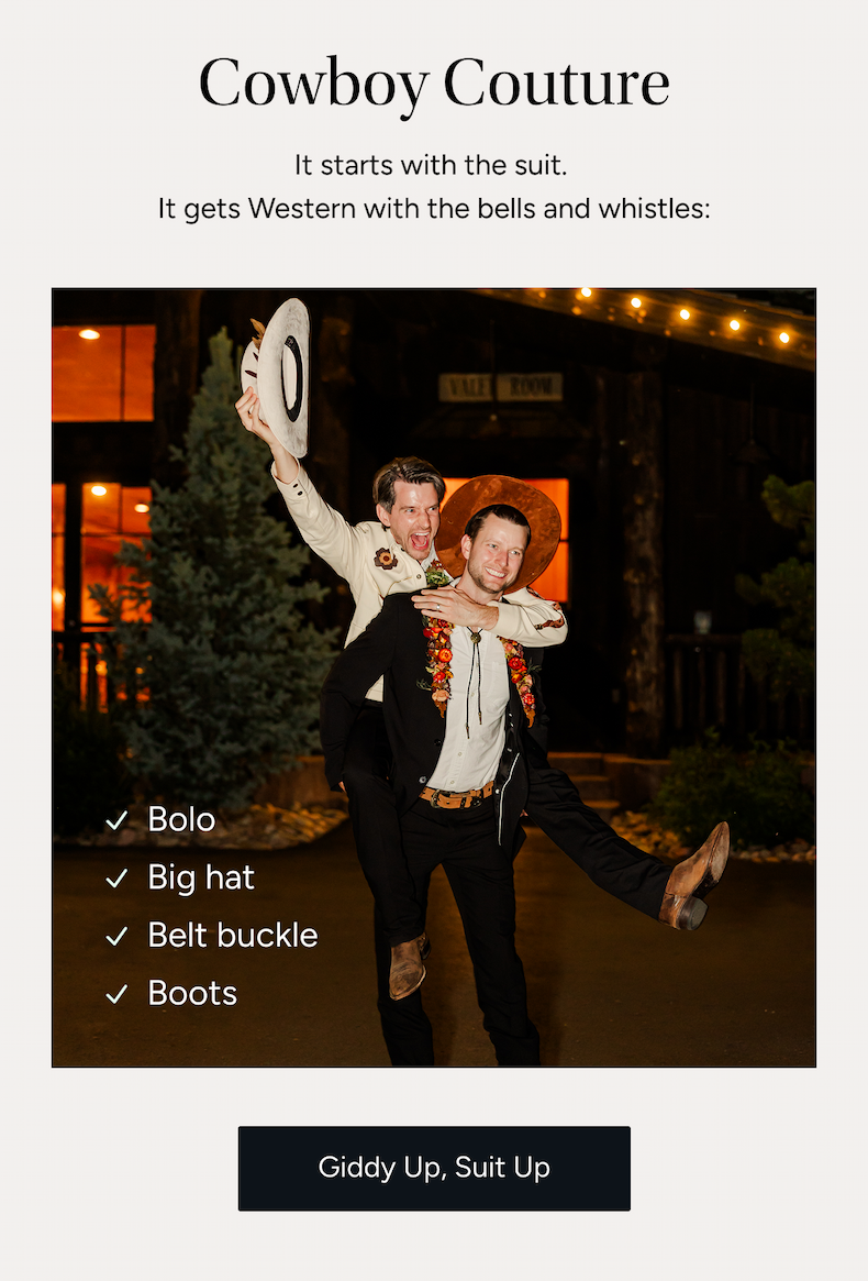 Cowboy Couture. It starts with the suit, It gets western with the bells and whistles. Suit the Western Trend