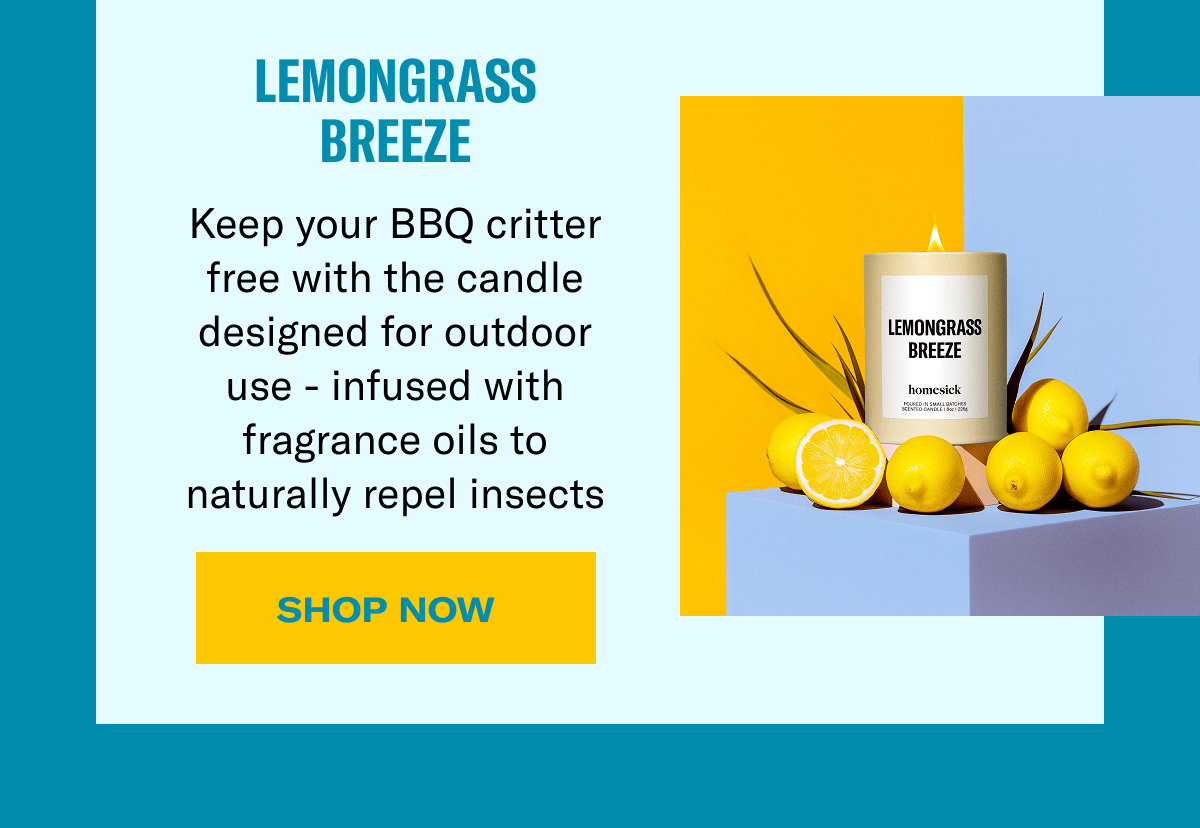 Lemongrass Breeze | Keep your BBQ critter free with the candle designed for outdoor use - infused with fragrance oils to naturally repel insects | Shop Now