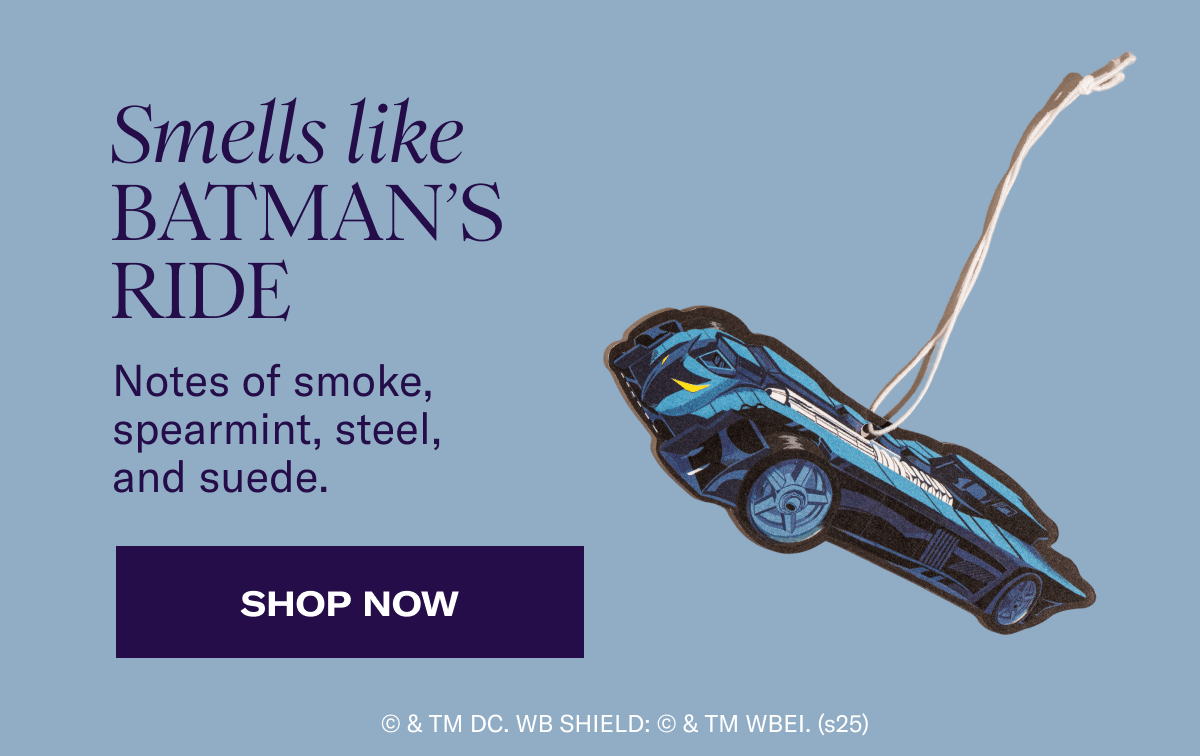 Smells like Batman's Ride | Notes of smoke, spearmint, steel, and suede. | Shop Now | © & TM DC. WB SHIELD: © & TM WBEI. (s25)