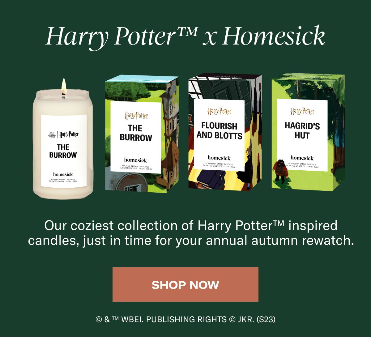 Harry Potter x Homesick | Our coziest collection of Harry Potter inspired candles, just in time for your annual autumn rewatch. | Shop Now | © & ™ WBEI. Publishing Rights © JKR. (s23)