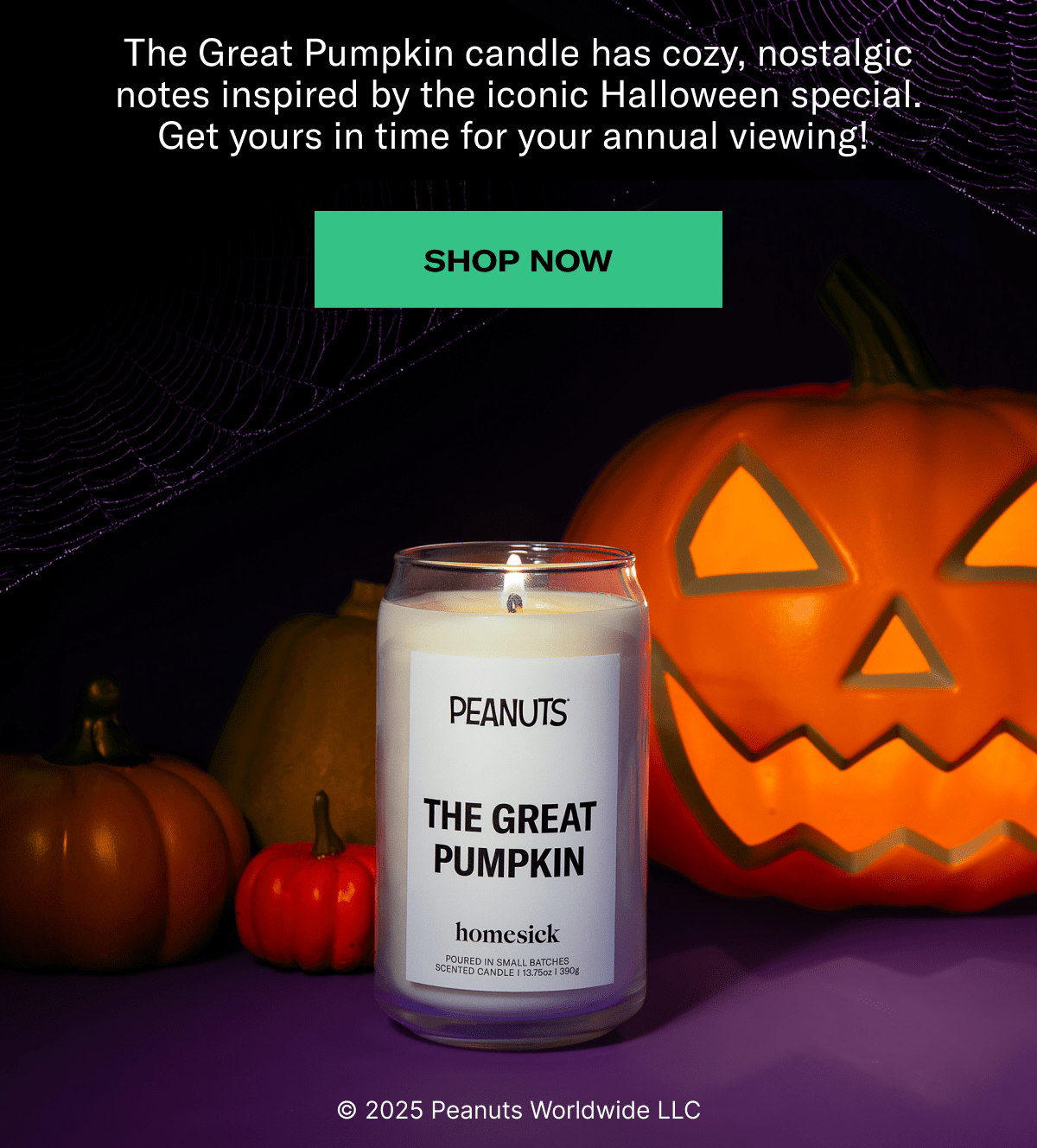The Great Pumpkin candle has cozy, nostalgic notes inspired by the iconic Halloween special. Get yours in time for your annual viewing! | Shop Now | @2025 Peanuts Worldwide LLC