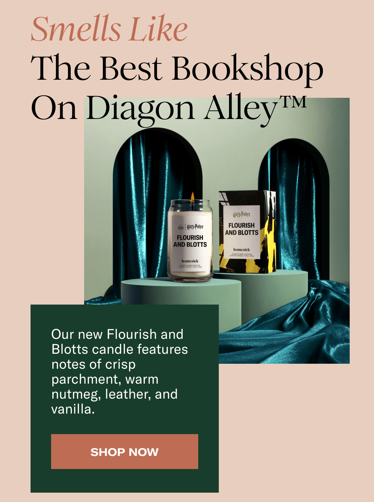 Smells Like The Best Bookshop On Diagon Alley™ | Our new Flourish and Blotts candle features notes of crisp parchment, warm nutmeg, leather, and vanilla. | Shop Now