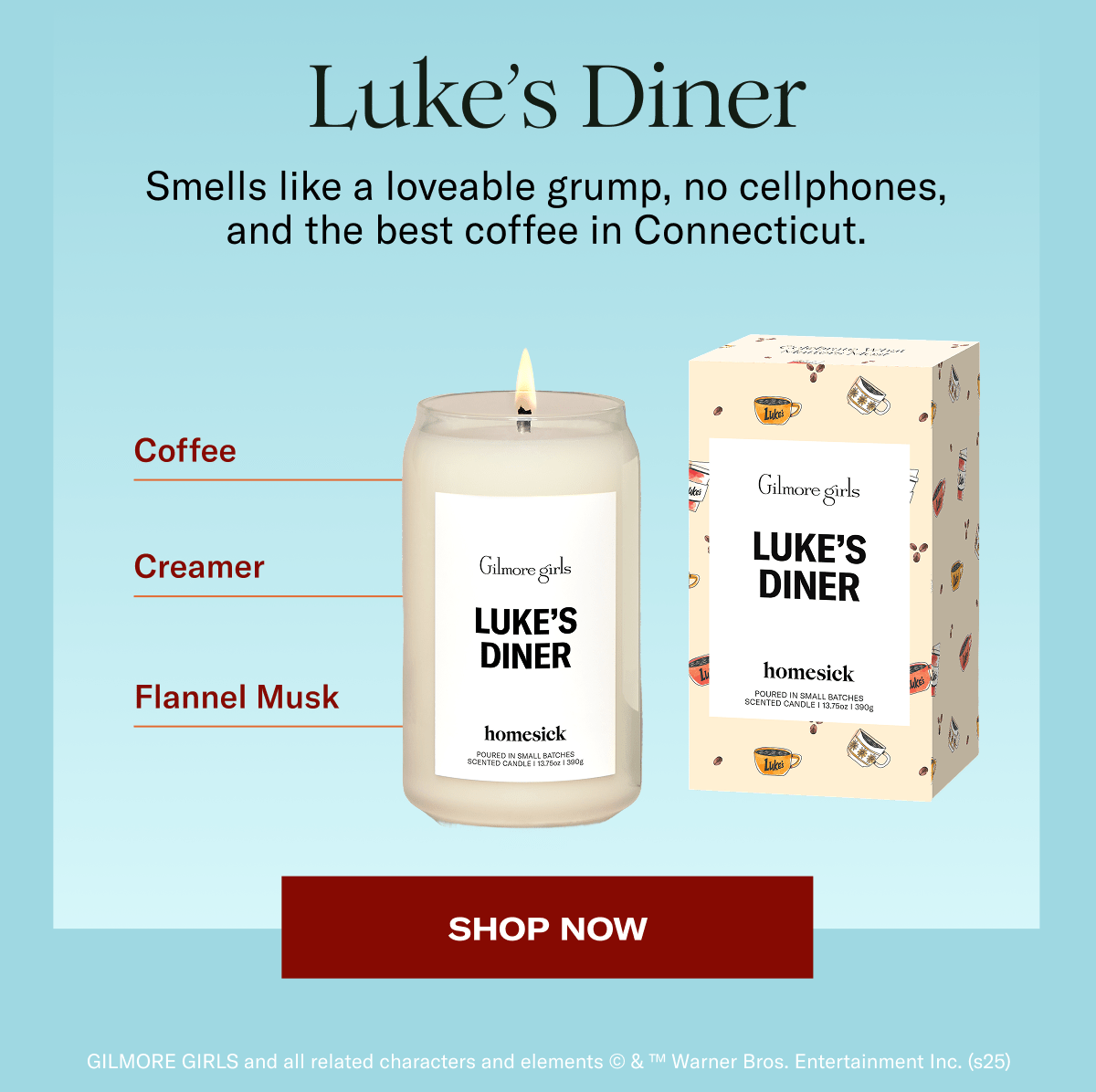 Luke's Diner | Smells like a loveable grump, no cellphones, and the best coffee in Connecticut. | Coffee, Creamer, Flannel Musk | Shop Now | GILMORE GIRLS and all related characters and elements © & ™ Warner Bros. Entertainment Inc. (s25)