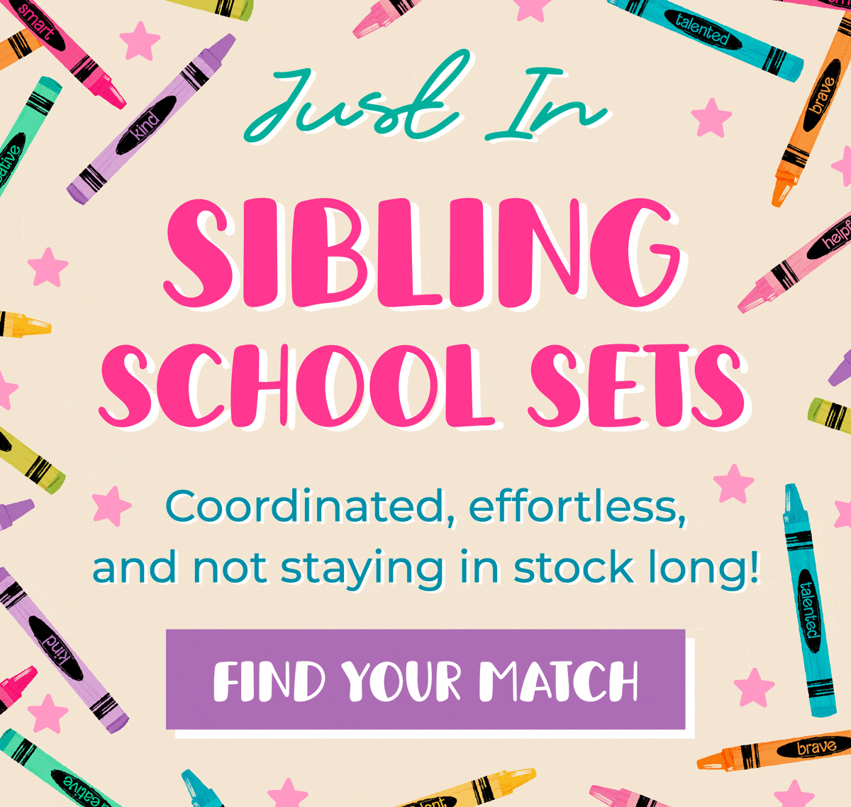 Just In: Sibling School Sets! Coordinated, effortless, and not staying in stock long. Shop now before they're gone!