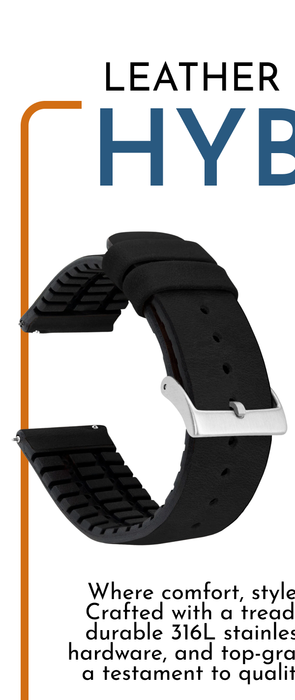 LEATHER & RUBBER  HYBRID Where comfort, style and flexibility meet.  Crafted with a treaded 80D rubber base,  durable 316L stainless steel or black PVD  hardware, and top-grain leather, this band is  a testament to quality and craftsmanship.