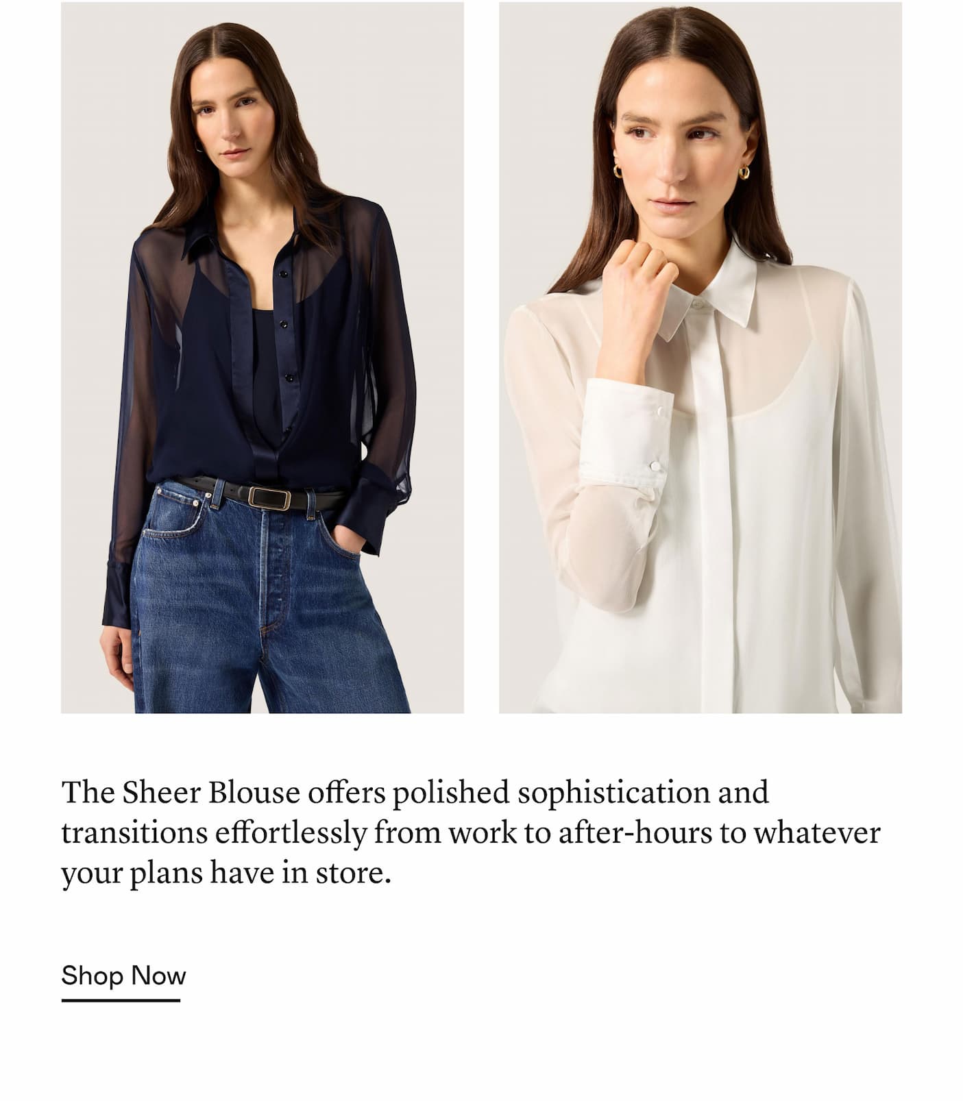The Sheer Blouse offers polished sophistication and transitions effortlessly from work to after-hours to whatever your plans have in store. The Sheer Blouse offers polished sophistication and transitions effortlessly from work to after-hours to whatever your plans have in store.