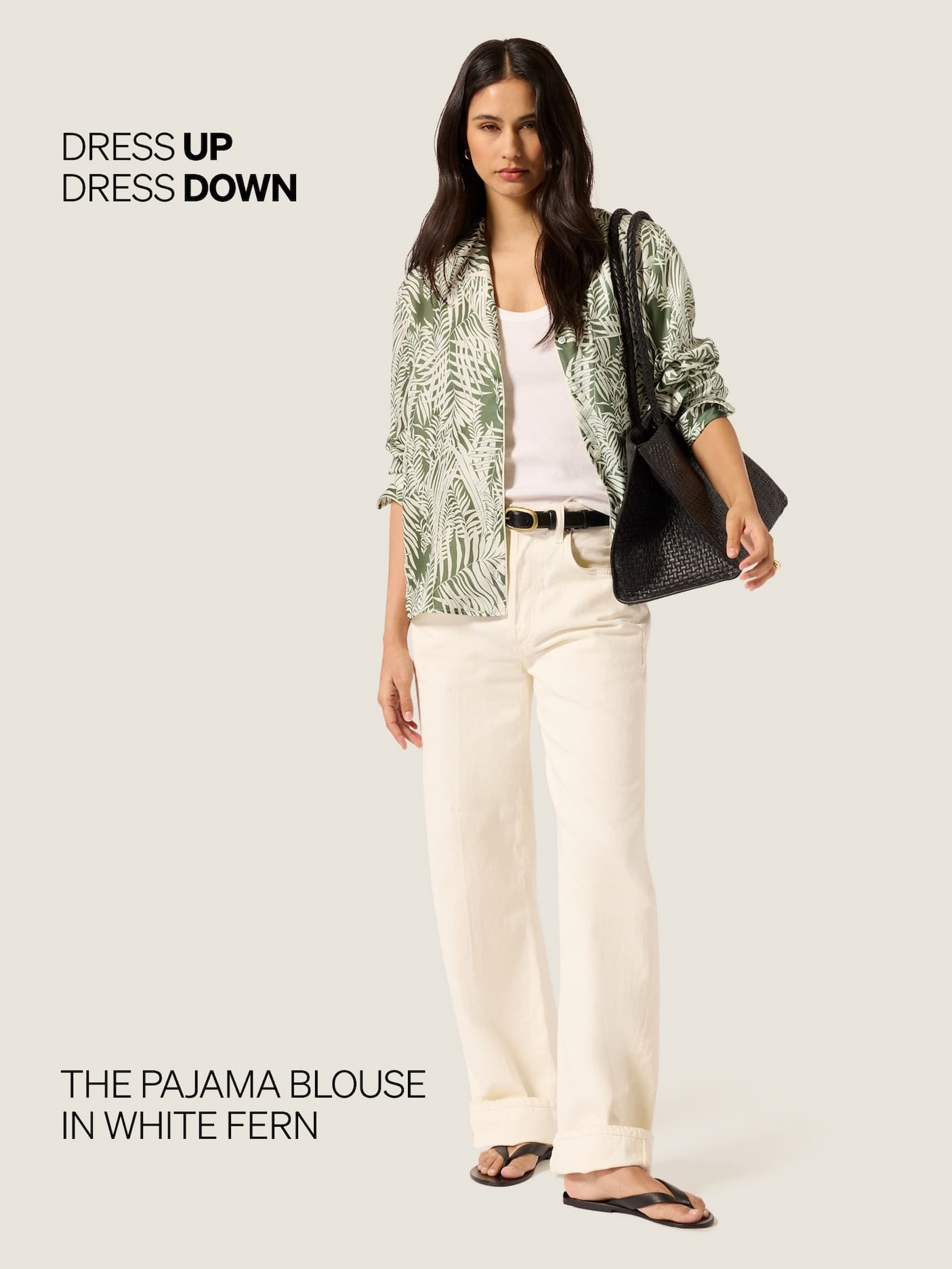 Dress Up / Dress Down: The Pajama Blouse in White Fern Dress Up / Dress Down: The Pajama Blouse in White Fern