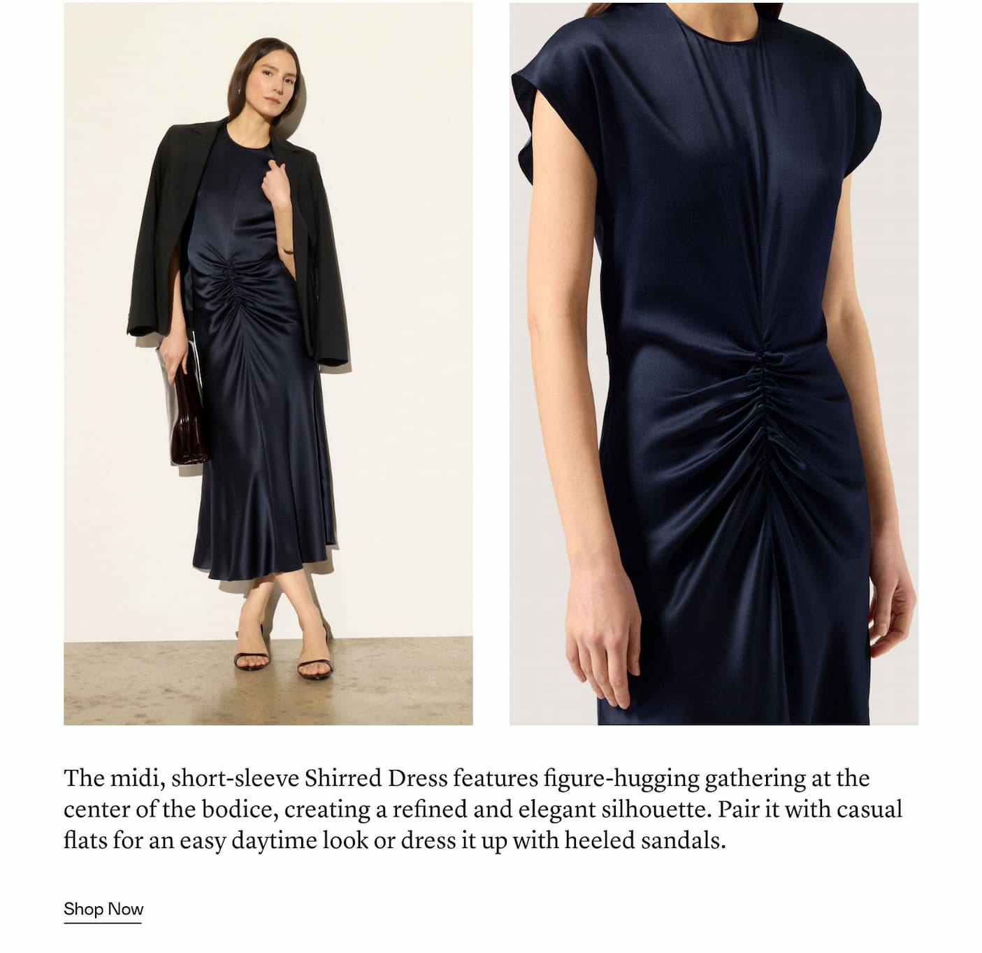 The midi, short-sleeve Shirred Dress features figure-hugging gathering at the center of the bodice, creating a refined and elegant silhouette. Pair it with casual flats for an easy daytime look or dress it up with heeled sandals.