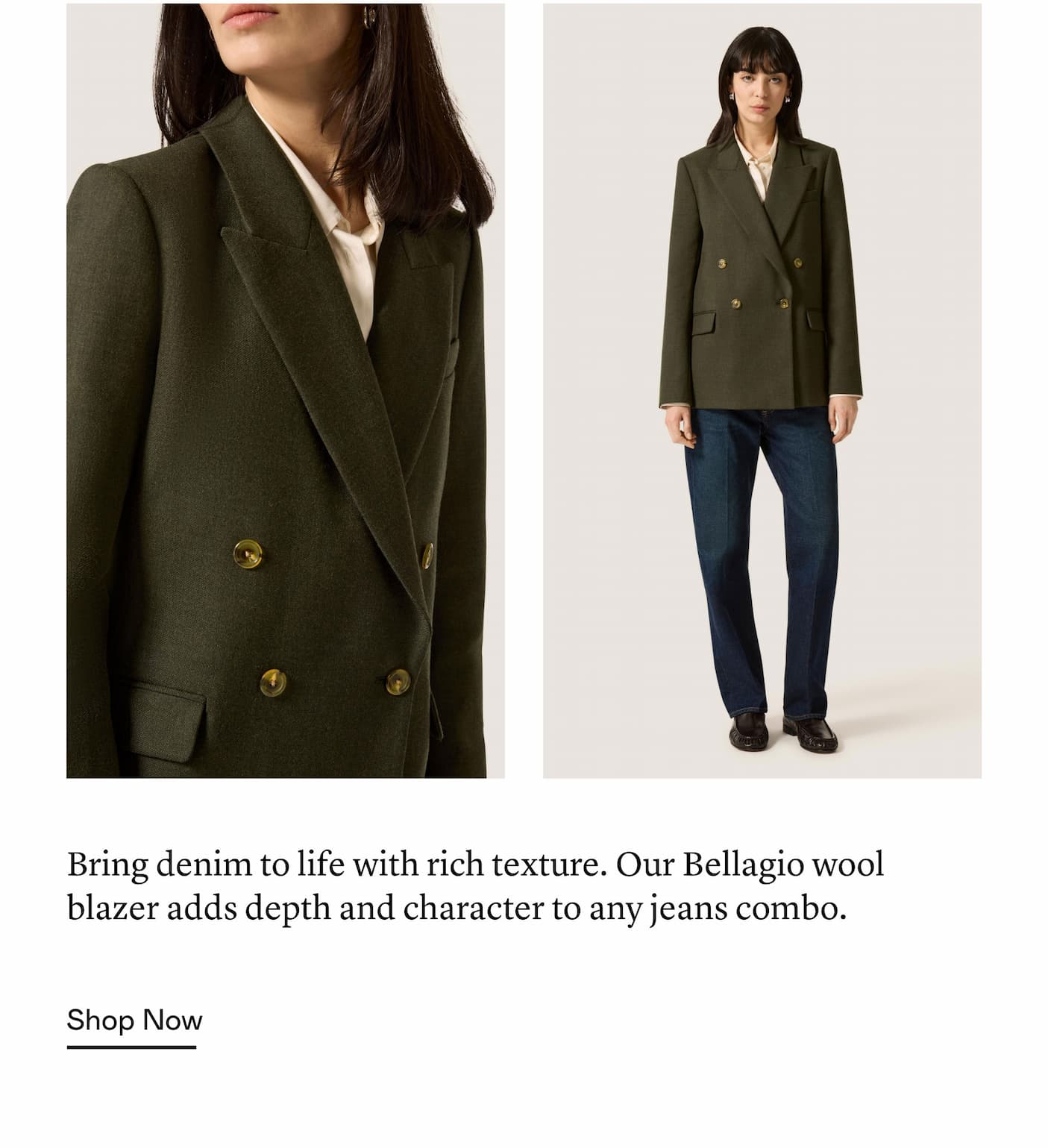 Bring denim to life with rich texture. Our Bellagio wool blazer adds depth and character to any jeans combo.