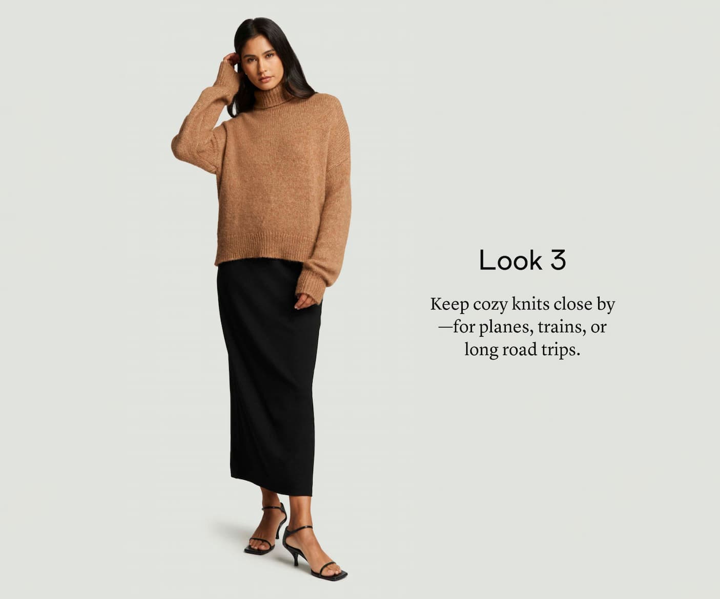 Look 3: Keep cozy knits close by—for planes, trains, or long road trips.
