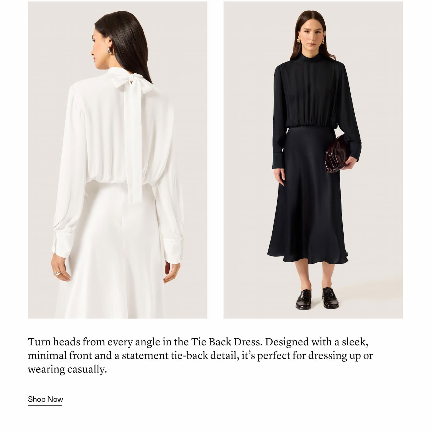 Turn heads from every angle in the Tie Back Dress. Designed with a sleek, minimal front and a statement tie-back detail, it’s perfect for dressing up or wearing casually.