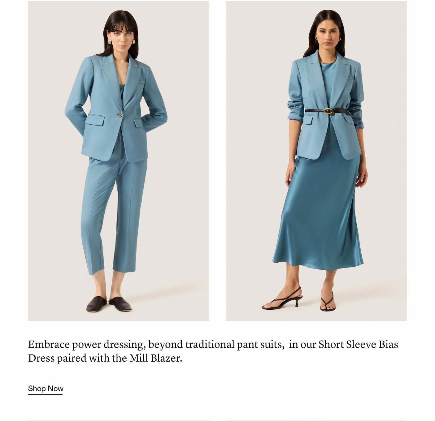 Embrace power dressing, beyond traditional pant suits,  in our Short Sleeve Bias Dress paired with the Mill Blazer.