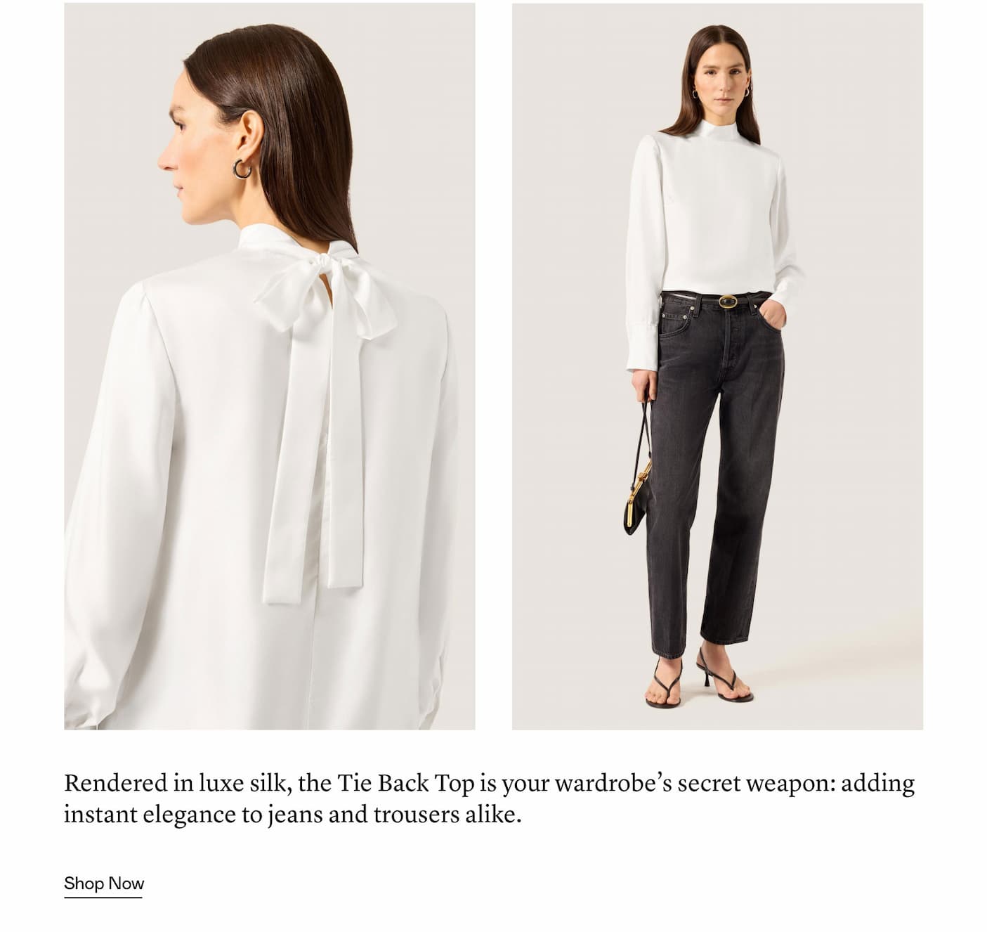 Rendered in luxe silk, the Tie Back Top is your wardrobe’s secret weapon: adding instant elegance to jeans and trousers alike.
