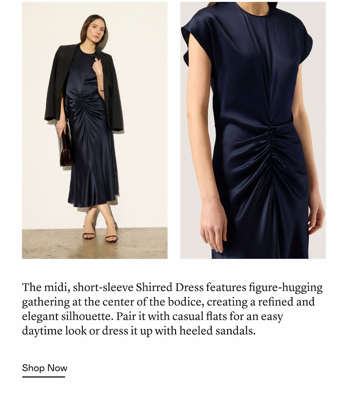 The midi, short-sleeve Shirred Dress features figure-hugging gathering at the center of the bodice, creating a refined and elegant silhouette. Pair it with casual flats for an easy daytime look or dress it up with heeled sandals. The midi, short-sleeve Shirred Dress features figure-hugging gathering at the center of the bodice, creating a refined and elegant silhouette. Pair it with casual flats for an easy daytime look or dress it up with heeled sandals.