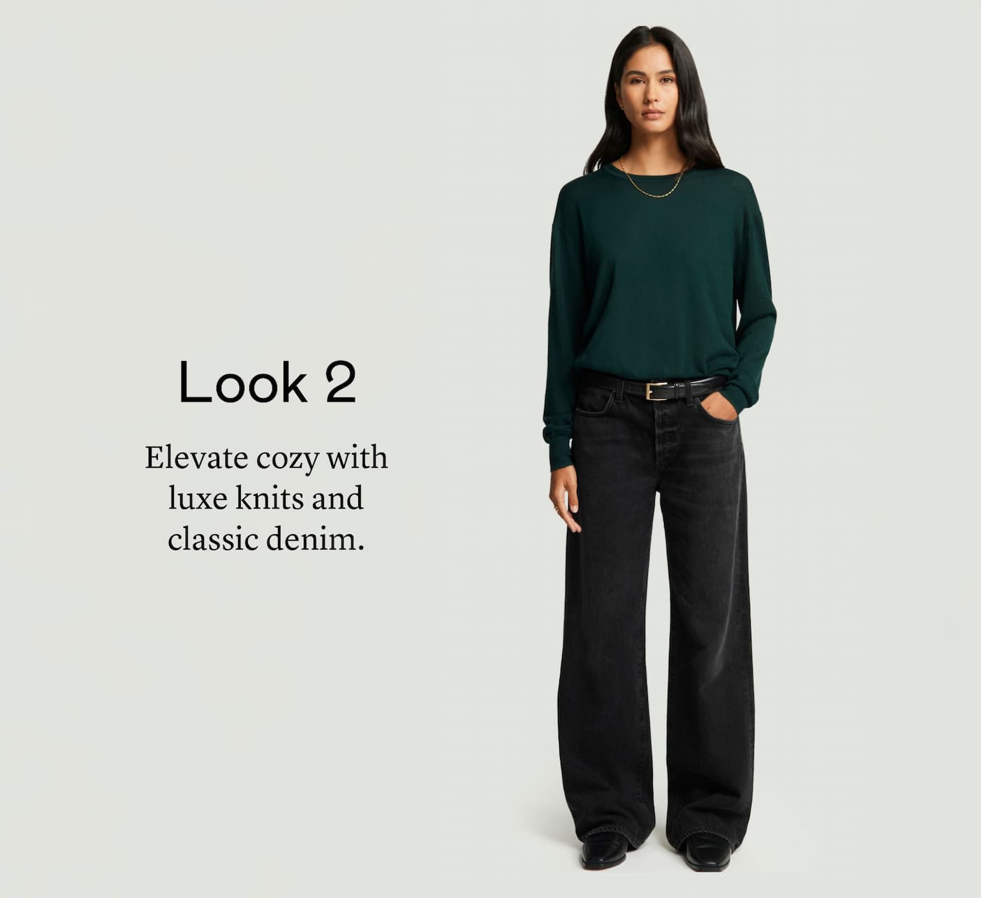 Look 2: Elevate cozy with luxe knits and classic denim.