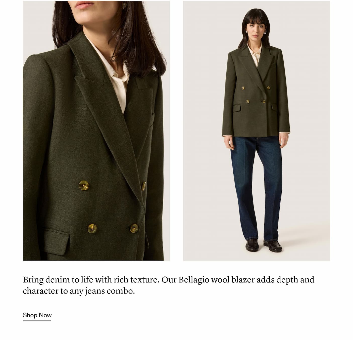 Bring denim to life with rich texture. Our Bellagio wool blazer adds depth and character to any jeans combo.