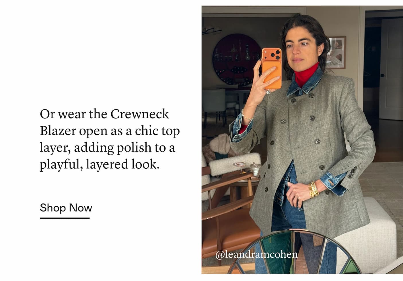 Or wear the Crewneck Blazer open as a chic top layer, adding polish to a playful, layered look.