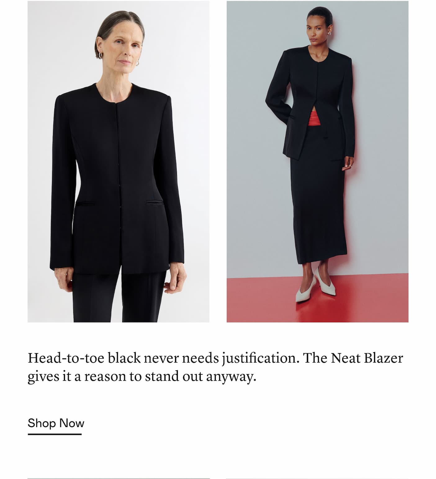 Head-to-toe black never needs justification. The Neat Blazer gives it a reason to stand out anyway. Head-to-toe black never needs justification. The Neat Blazer gives it a reason to stand out anyway.