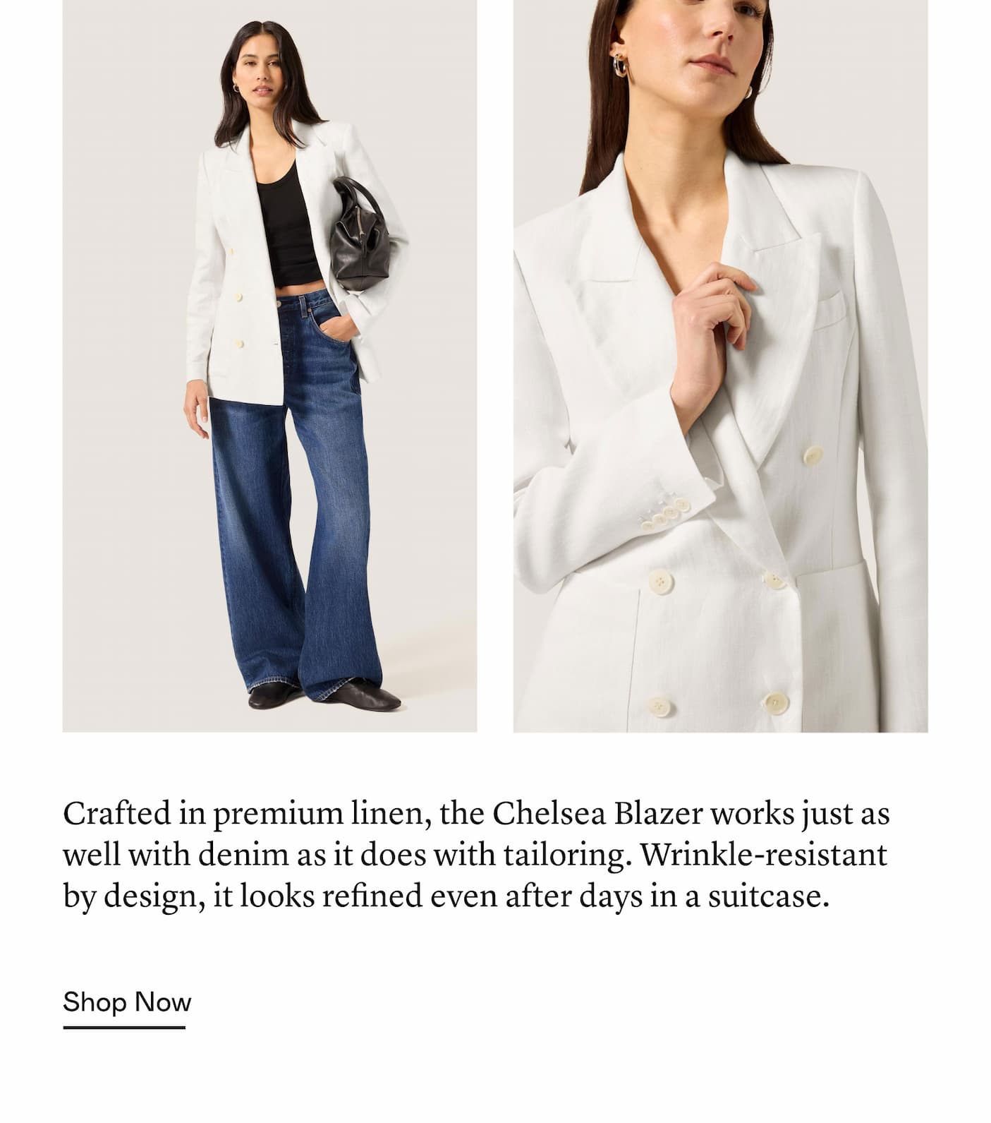 Crafted in premium linen, the Chelsea Blazer works just as well with denim as it does with tailoring. Wrinkle-resistant by design, it looks refined even after days in a suitcase. Crafted in premium linen, the Chelsea Blazer works just as well with denim as it does with tailoring. Wrinkle-resistant by design, it looks refined even after days in a suitcase.