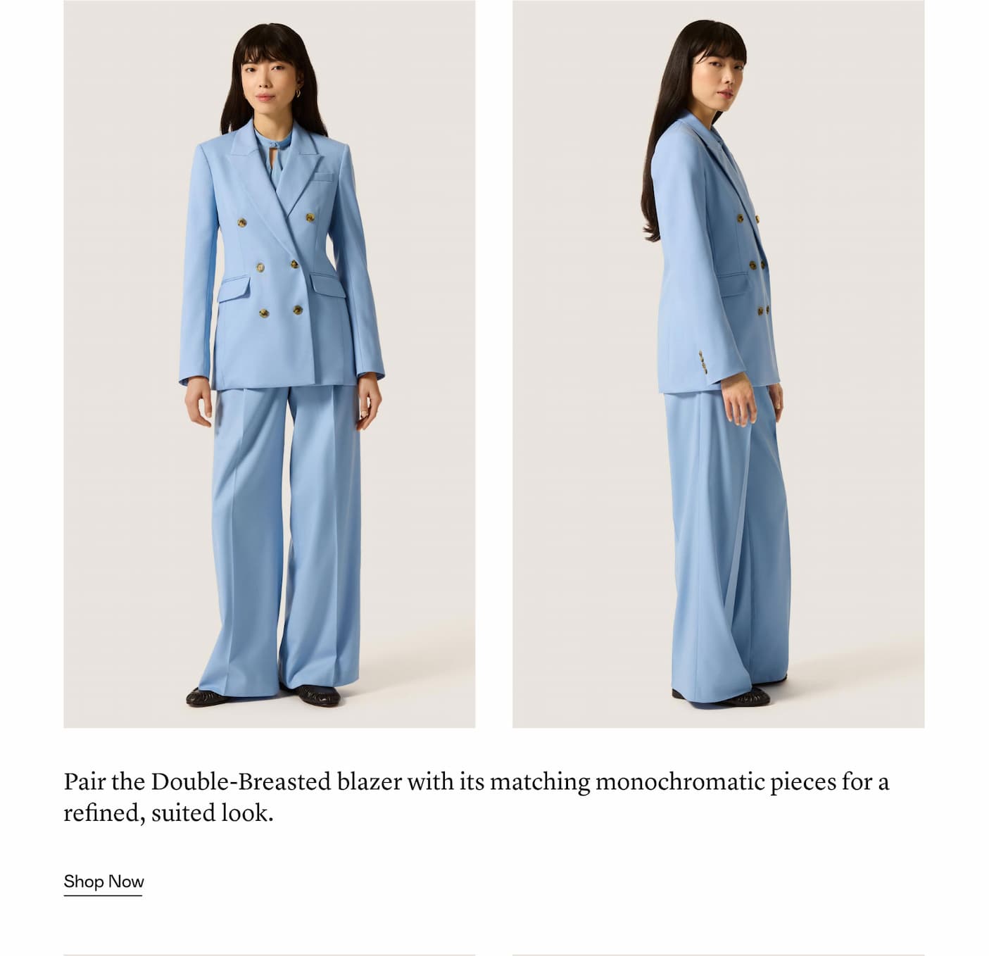 Pair the Double-Breasted blazer with its matching monochromatic pieces for a refined, suited look.