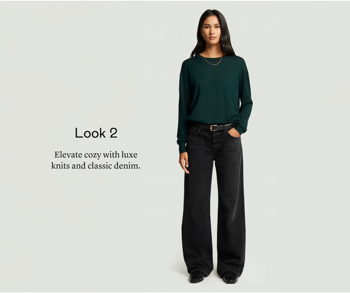 Look 2: Elevate cozy with luxe knits and classic denim.