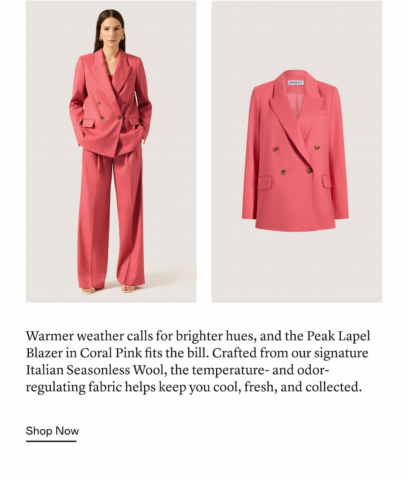 Warmer weather calls for brighter hues, and the Peak Lapel Blazer in Coral Pink fits the bill. Crafted from our signature Italian Seasonless Wool, the temperature- and odor-regulating fabric helps keep you cool, fresh, and collected. Warmer weather calls for brighter hues, and the Peak Lapel Blazer in Coral Pink fits the bill. Crafted from our signature Italian Seasonless Wool, the temperature- and odor-regulating fabric helps keep you cool, fresh, and collected.