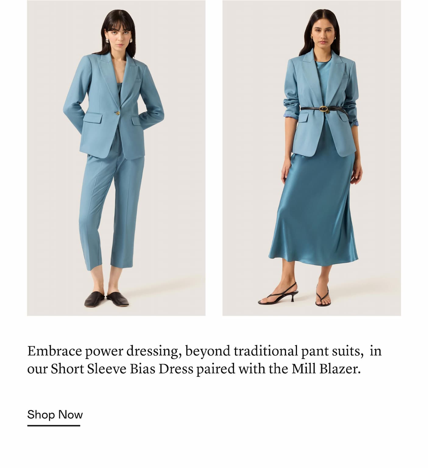 Embrace power dressing, beyond traditional pant suits, in our Short Sleeve Bias Dress paired with the Mill Blazer. Embrace power dressing, beyond traditional pant suits, in our Short Sleeve Bias Dress paired with the Mill Blazer.