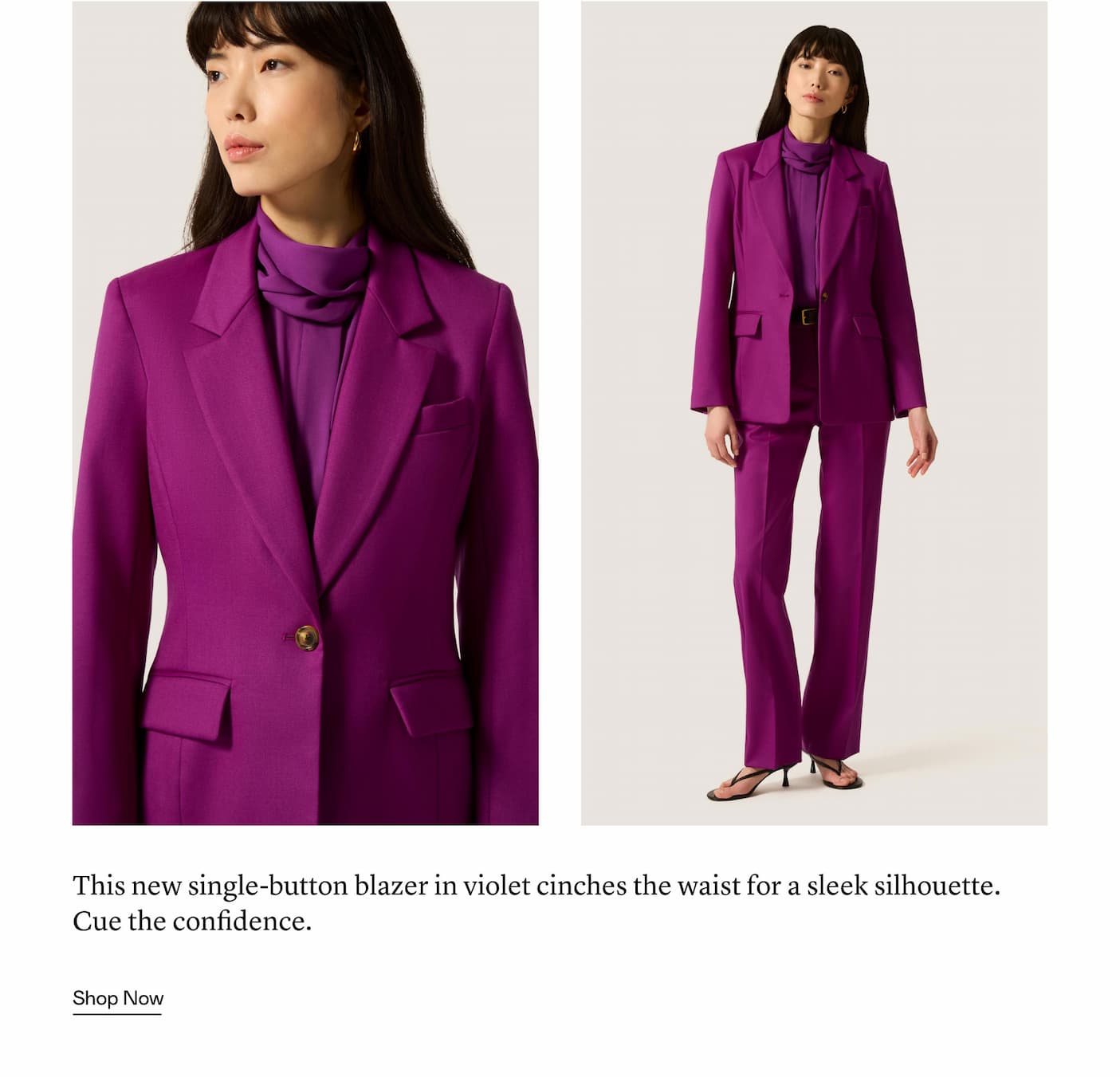 This new single-button blazer in violet cinches the waist for a sleek silhouette. Cue the confidence.