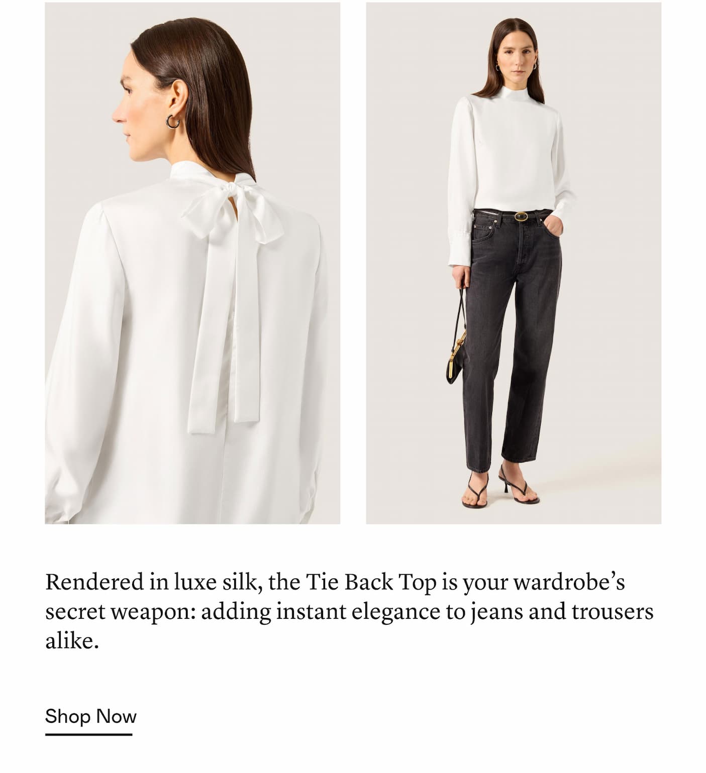 Rendered in luxe silk, the Tie Back Top is your wardrobe’s secret weapon: adding instant elegance to jeans and trousers alike. Rendered in luxe silk, the Tie Back Top is your wardrobe’s secret weapon: adding instant elegance to jeans and trousers alike.