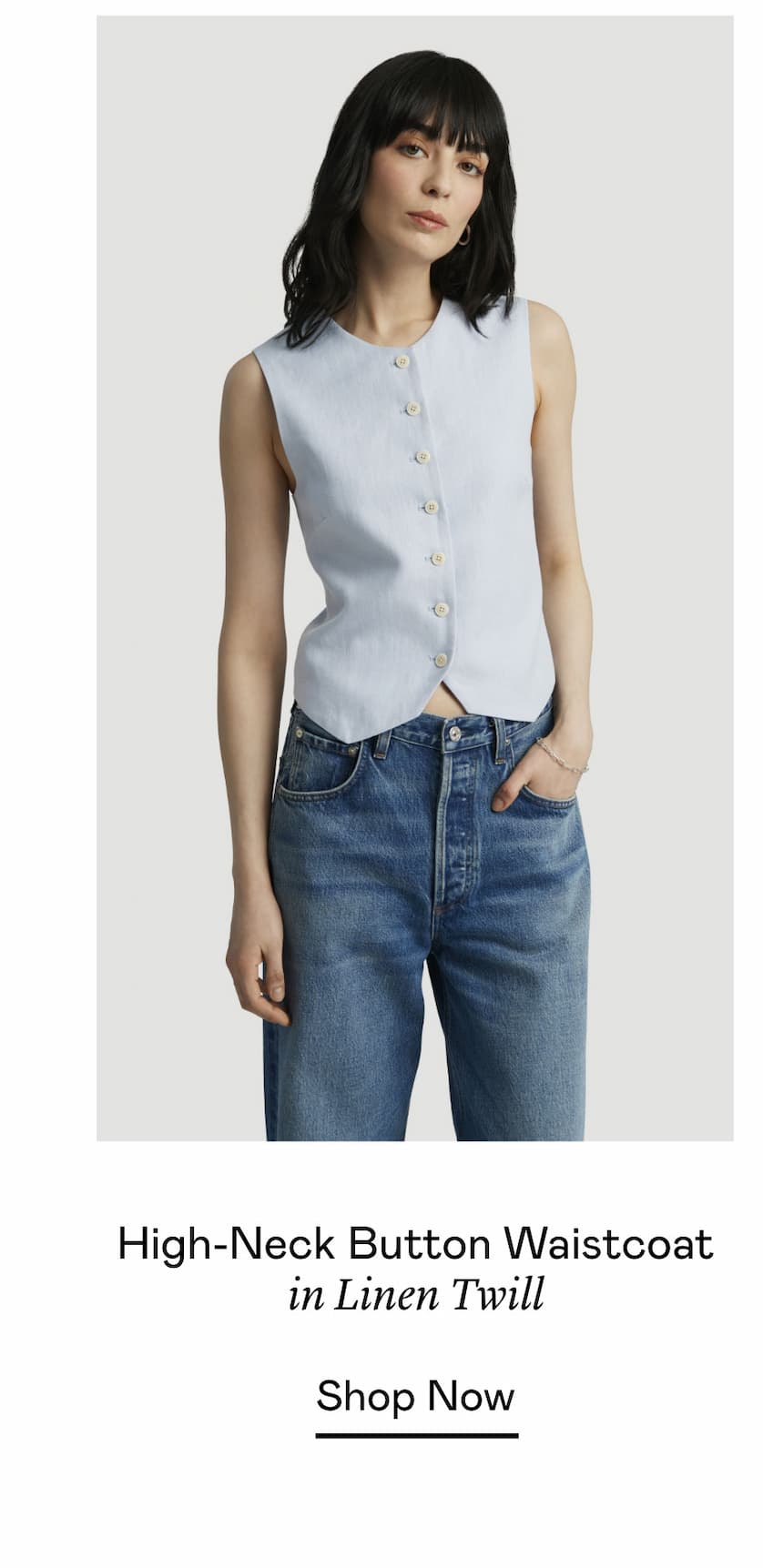 High-Neck Button Waistcoat in Linen Twill