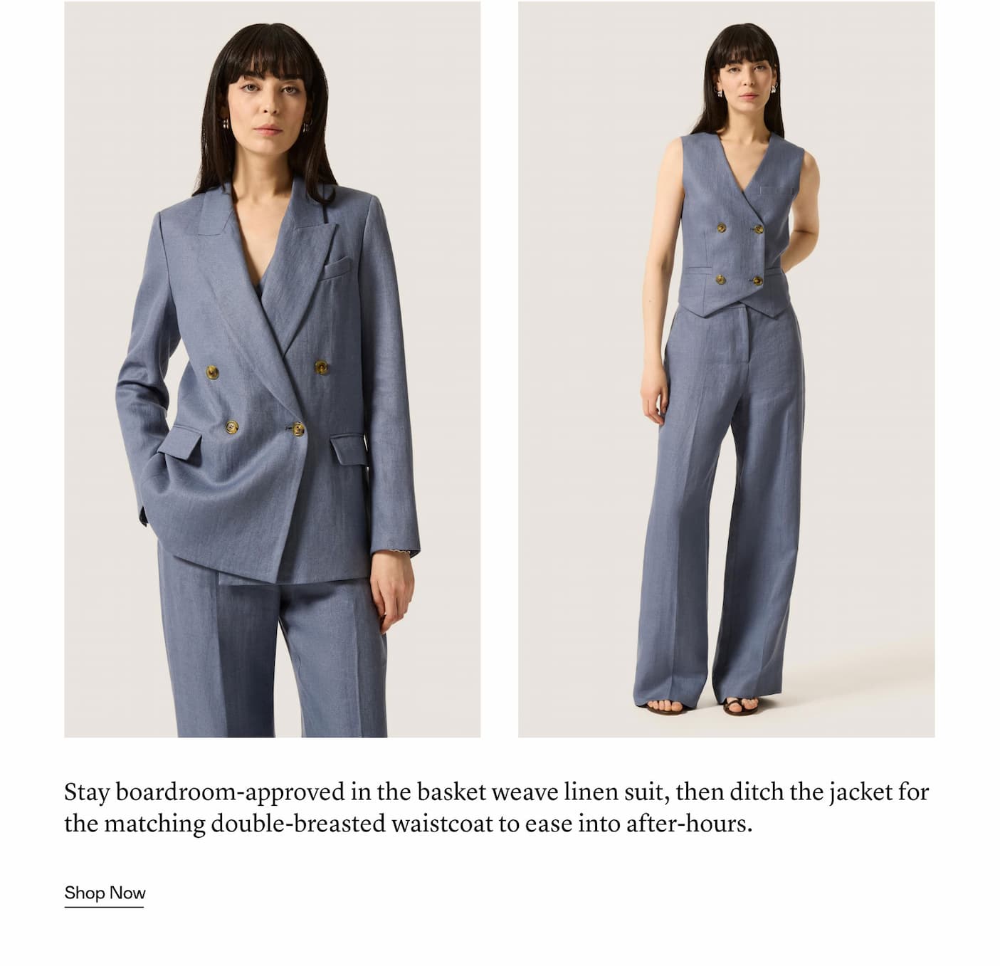 Stay boardroom-approved in the basket weave linen suit, then ditch the jacket for the matching double-breasted waistcoat to ease into after-hours. 