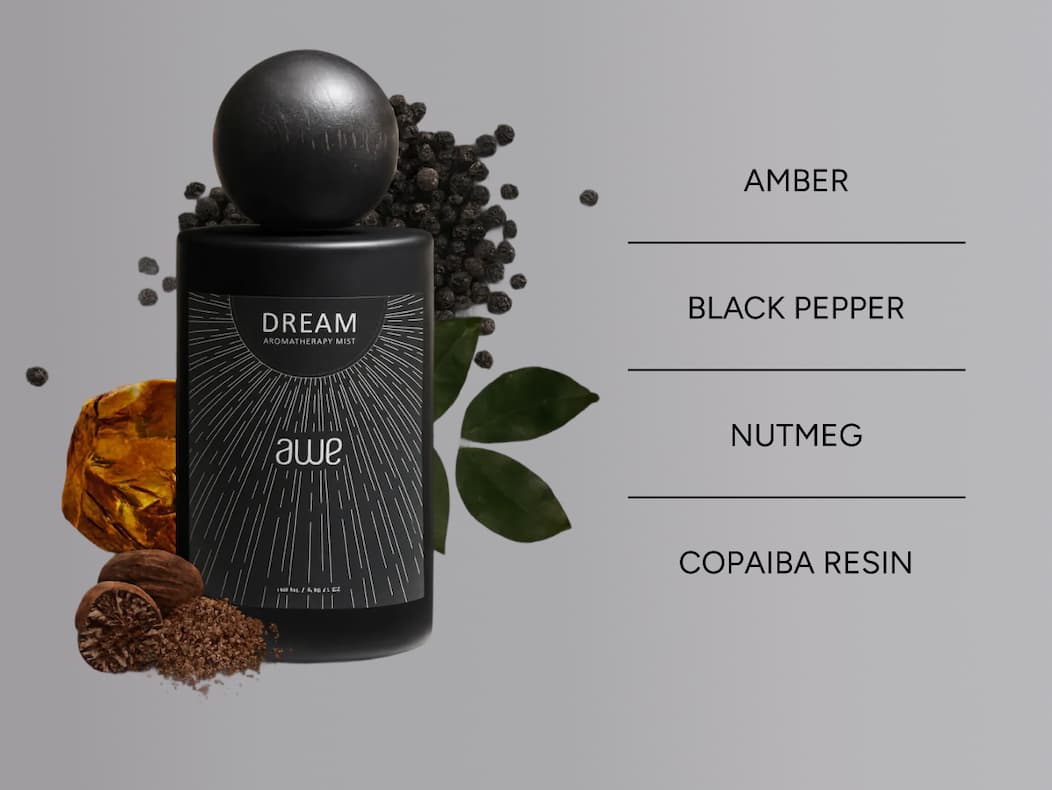 Dream mist key scents including amber, black pepper, nutmeg and copaiba resin