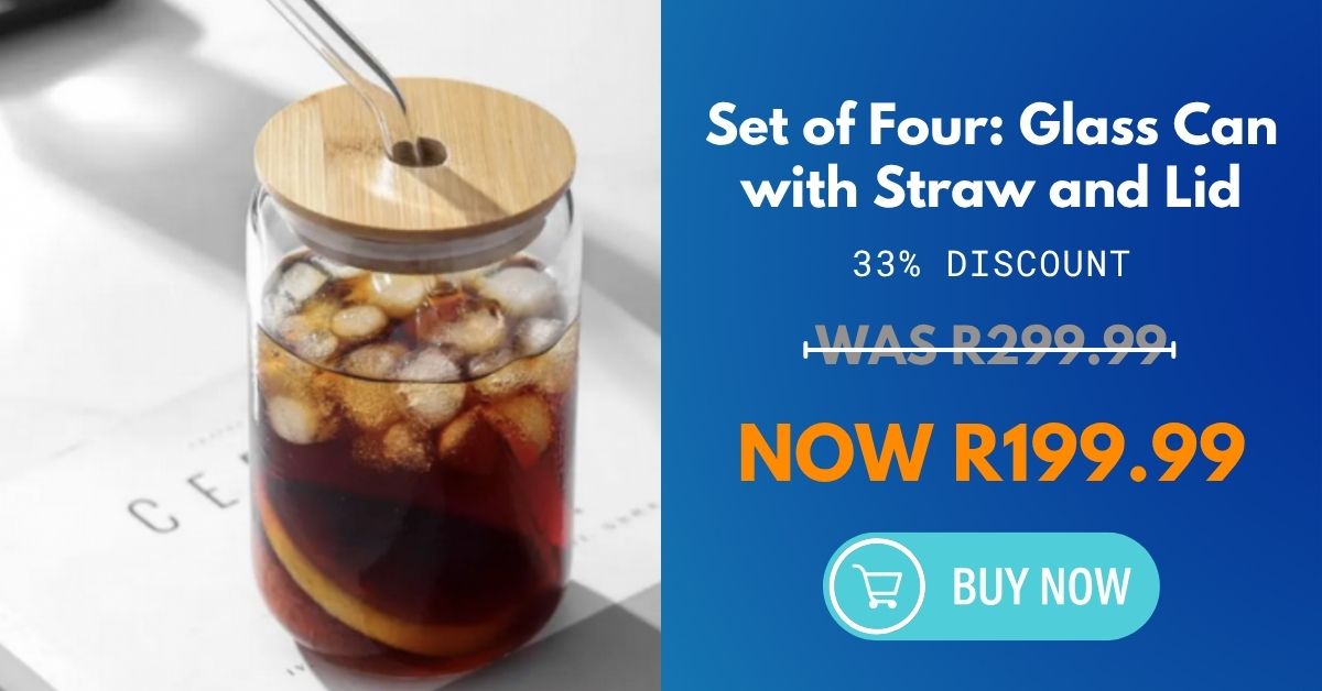 Set of Four: Glass Can with Straw and Lid