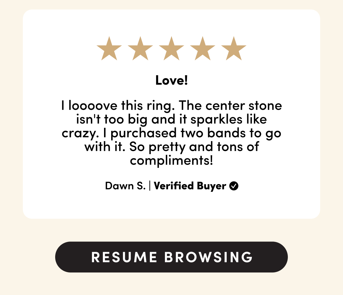 I loooove this ring. The center stone isn't too big and it sparkles like crazy. I purchased two bands to go with it. So pretty and tons of compliments!