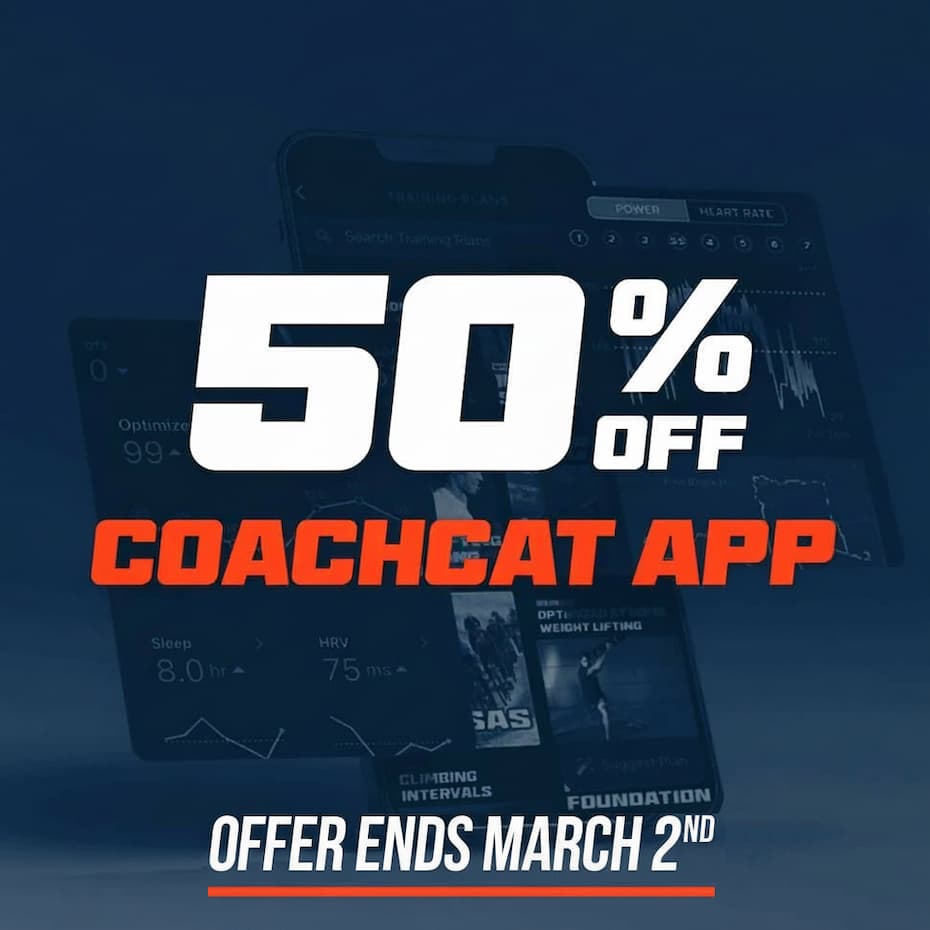 An image of CoachCat app with text 50 % off offer