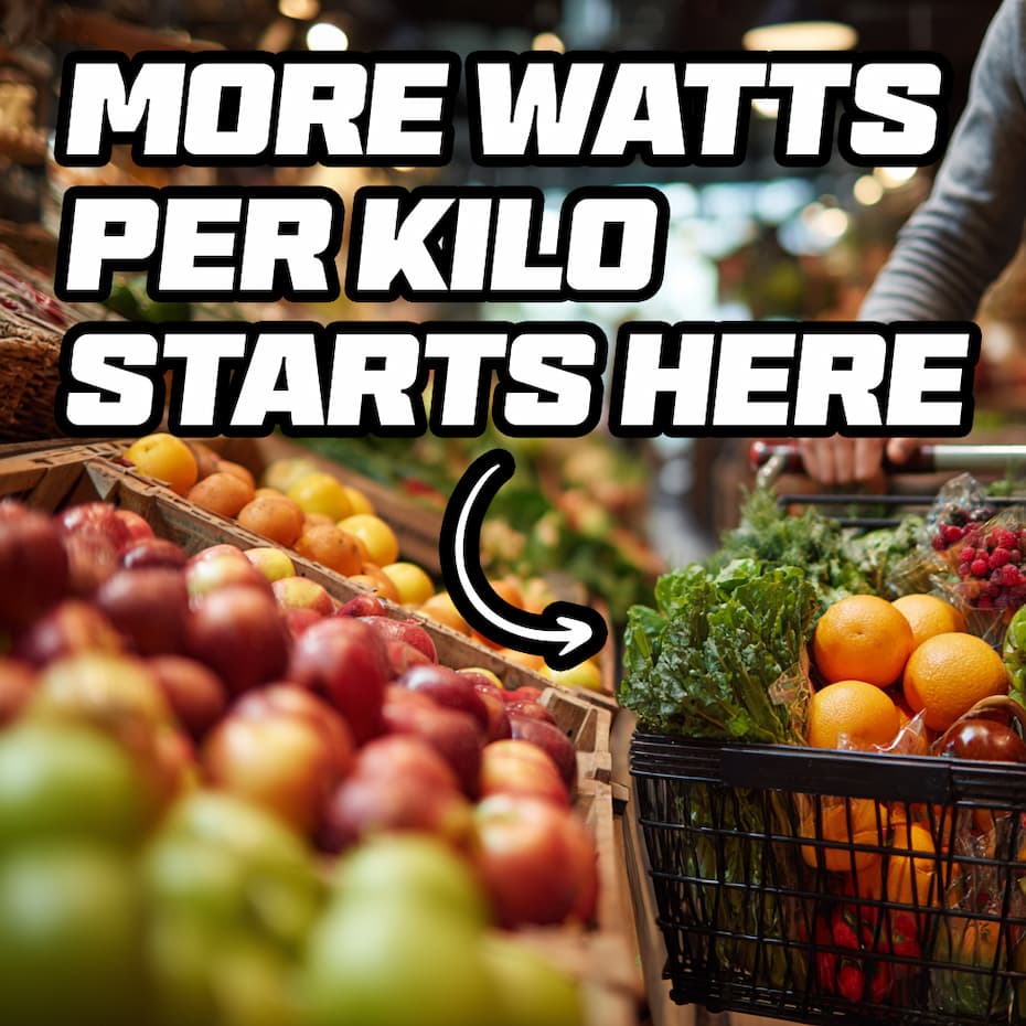 Graphic showing a full grocery cart of healthy foods, optimal for proper fitness and training. 