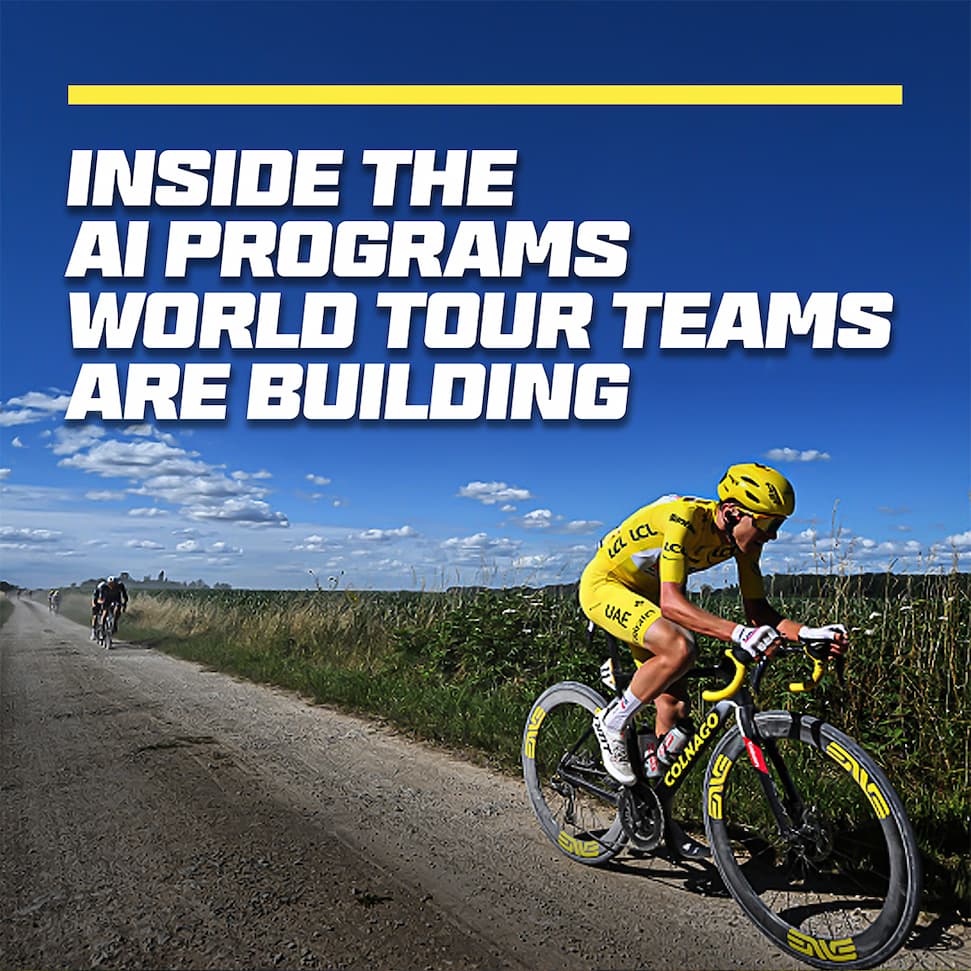 An image of a Tour de France level rider on a gravel road promoting AI technology and training 