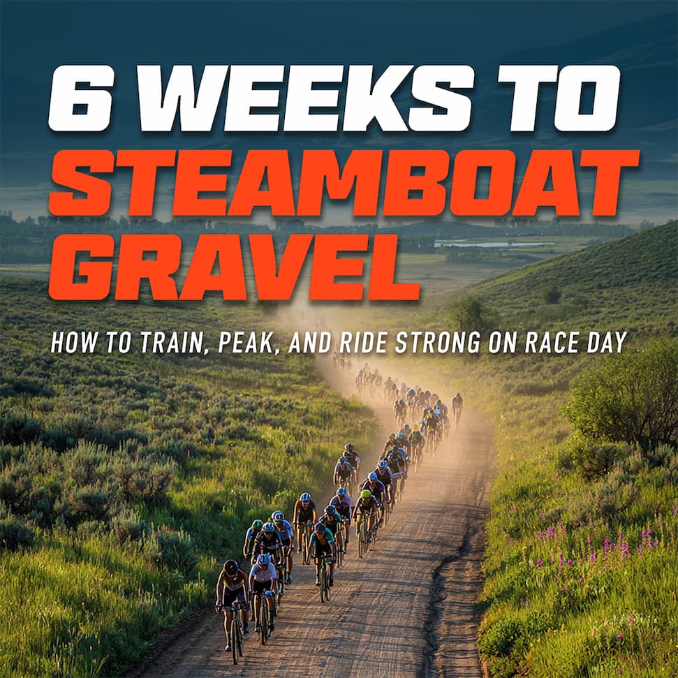 A group of cyclists race on a dusty gravel road with "Steamboat Gravel Coaching Advice" overlaid.